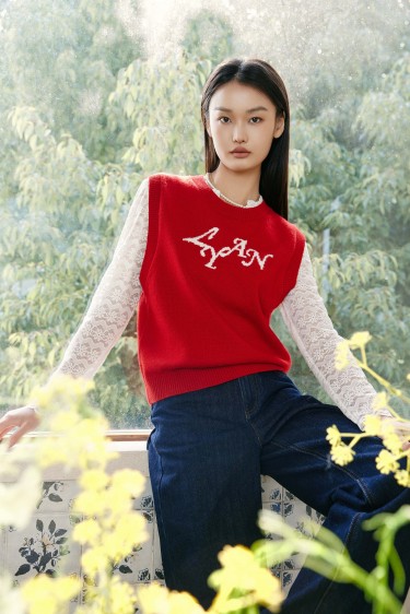 FASHION<br>字母提花红色针织马...