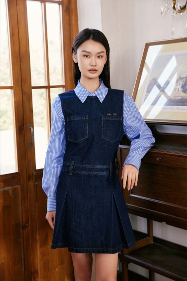 FASHION<br>复古蓝色牛仔背心连...