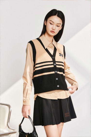 FASHION<br>V领条纹撞色开衫毛织...