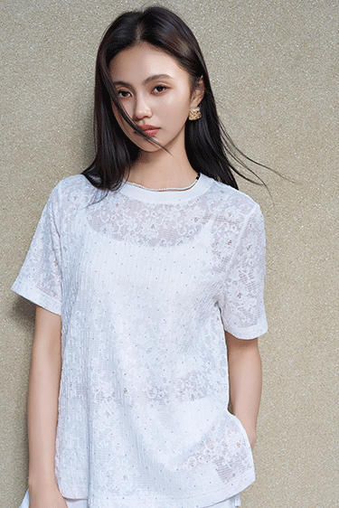 FASHION<br>法式镂空烫钻白 T